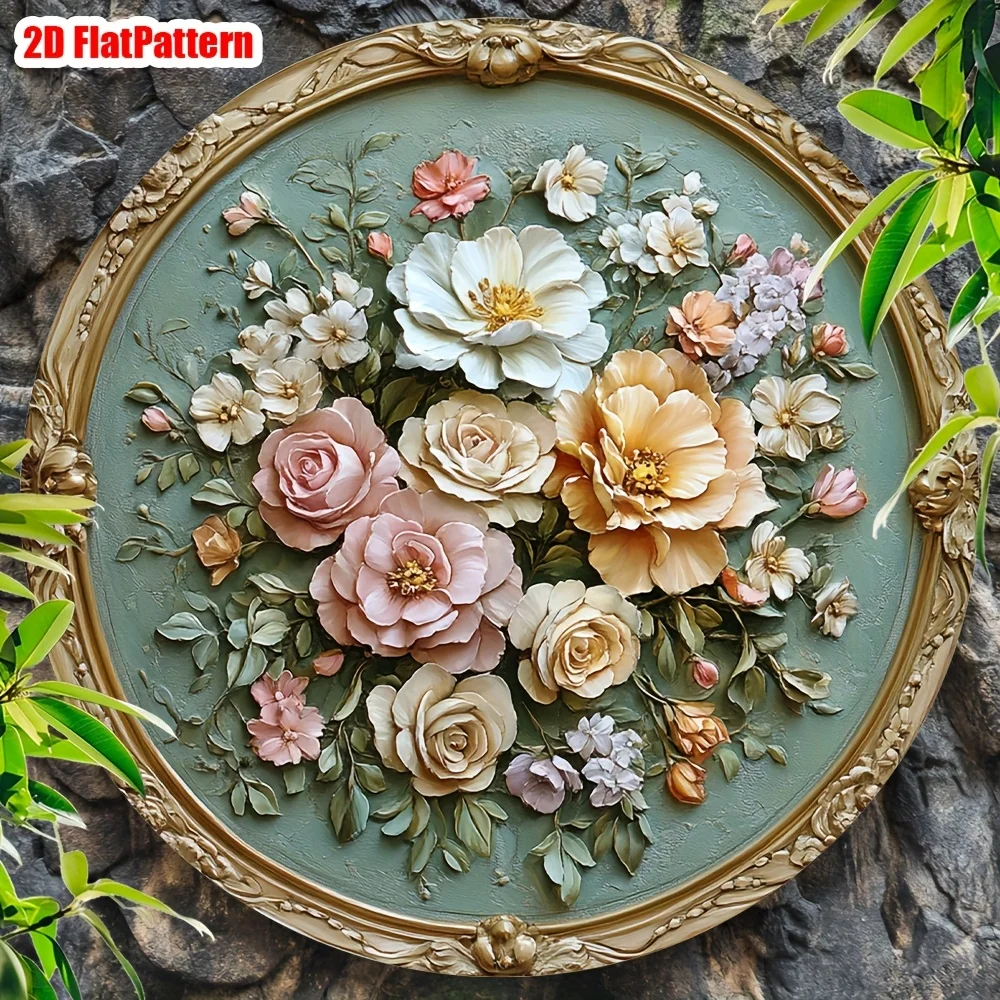 Round Vintage Floral Metal Wall Sign, 2D Flat Print Peony Rose Flower Pattern Plaque, 20x20cm Farmhouse Room Ornament