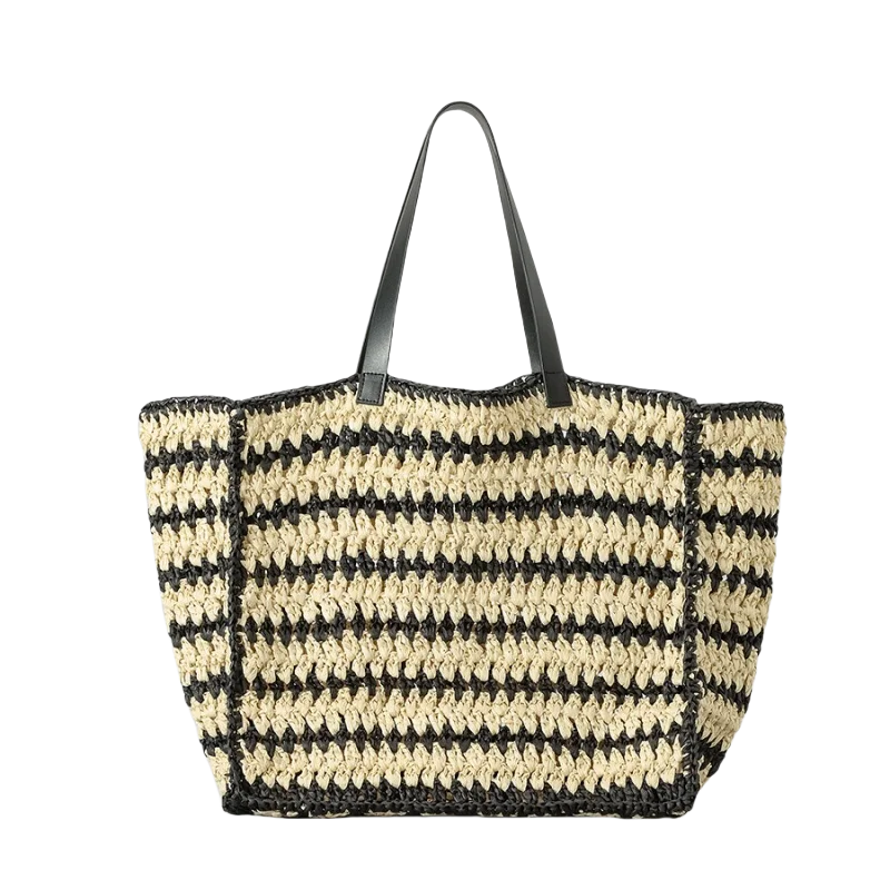 Summer Large Capacity Seaside Beach Bag Fashion Hand Woven Striped Straw Bag Color Contrast Crochet Female  Vacation Shopper Bag