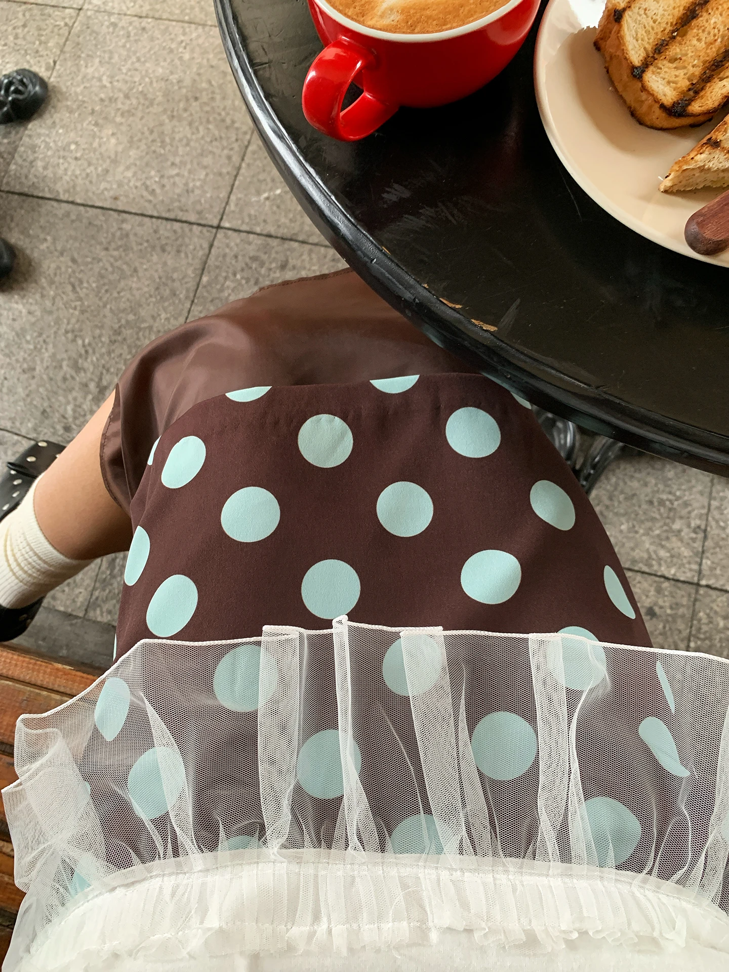 Teamanis Autumn Polka Dot Print Half Skirt High Waist H-Shape Commute Friendly Korean Style Coffee Color Floral Polyester Fiber
