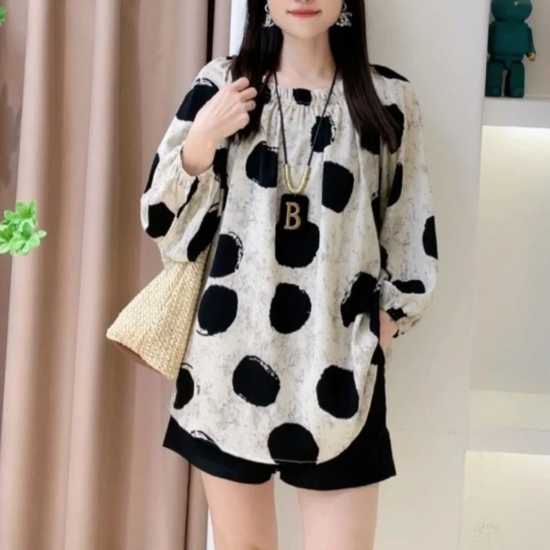 

2024 Spring New Women's Korean Commuter Loose Round Neck Fashion Ruched Printed Vacation Chiffon Shirt Pullover Long Sleeve Tops