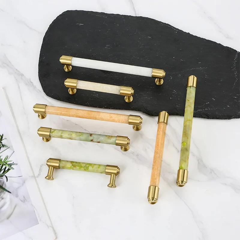Natural Jade Wardrobe Pull Handles Long Bar Luxury Drawer Knob Brass Furniture Handles For Kitchen Wine Cupboard Closet Pulls