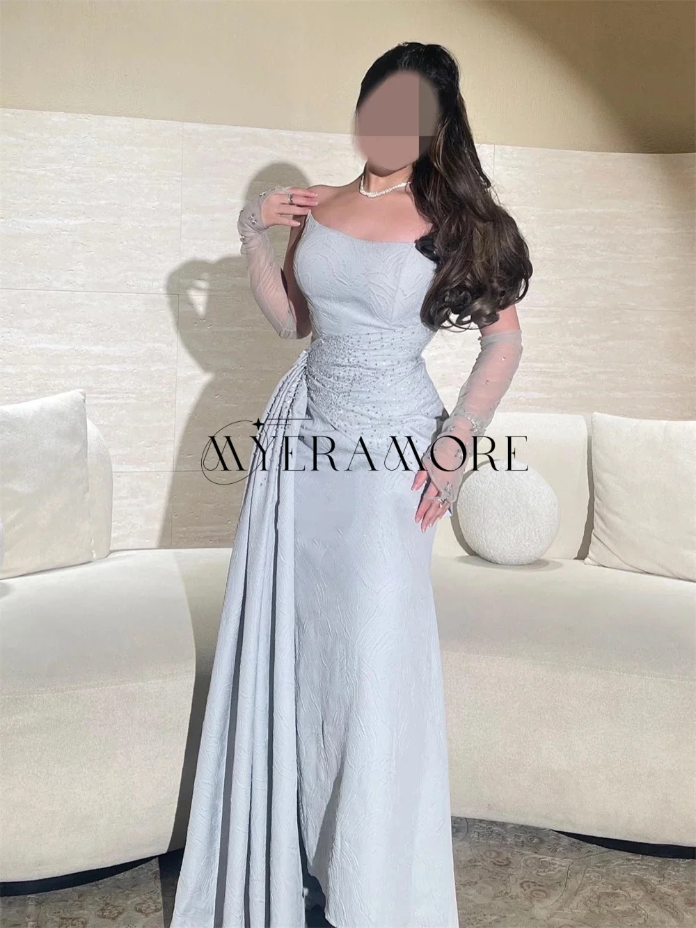 Abiti da sera eleganti a sirena Abiti da ballo alla caviglia con maniche lunghe in pizzo staccabile senza spalline Abiti da ballo personalizzati