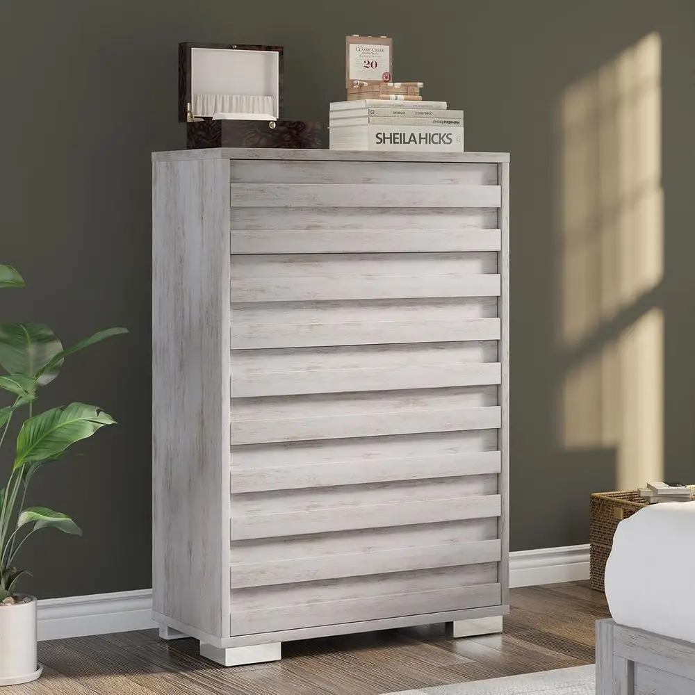 

47 Tall Slat Handle Chest for Bedroom, Living Room, and Hallway in Distressed White
