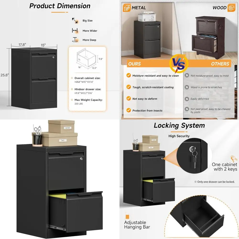 

Secure Metal Vertical File Cabinet, 2-Drawer for Home Office, Holds Letter/Legal/A4 Files, Black