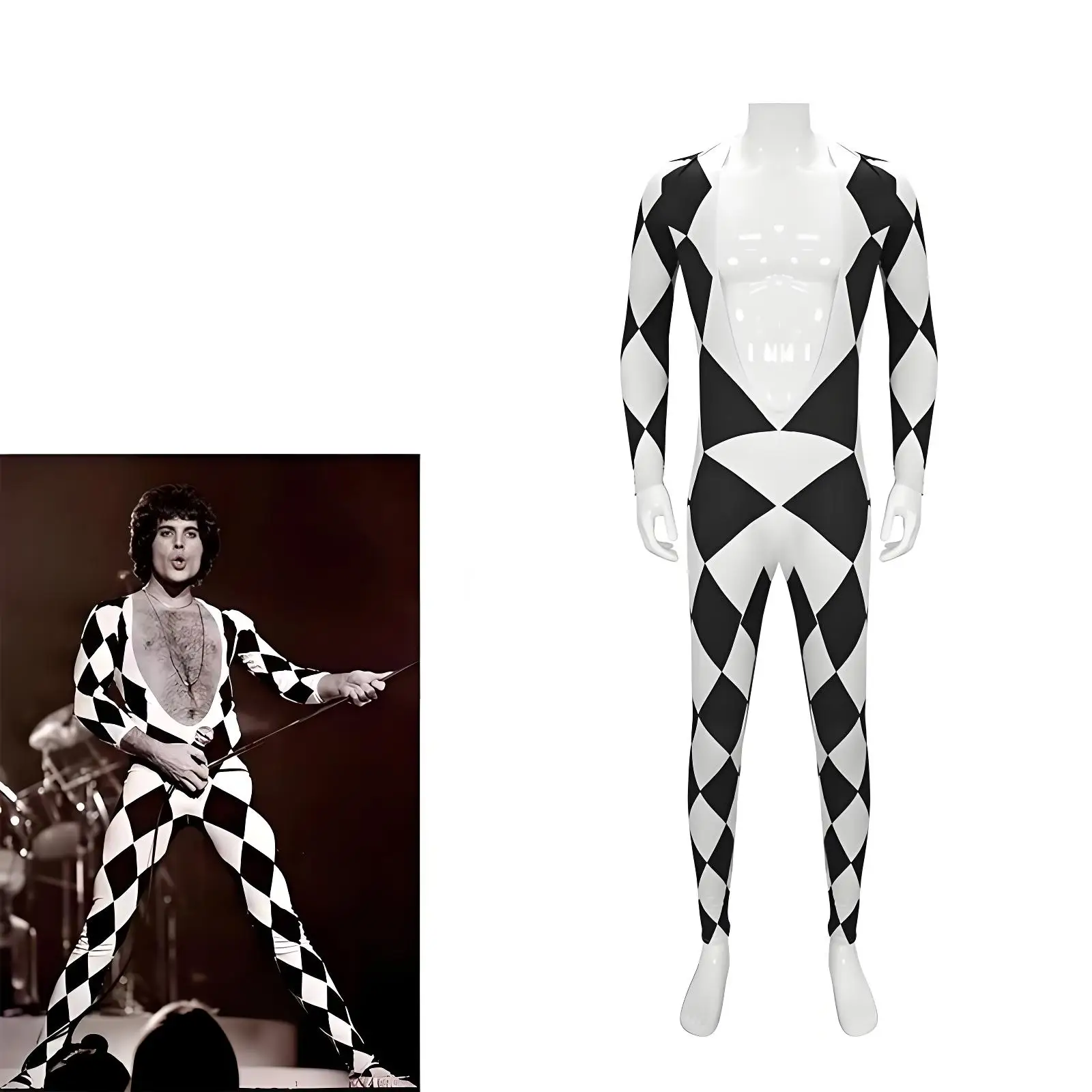 

Freddie Mercury Cosplay Costume Black and White Jumpsuit Lead Vocal Singer Jumpsuit Halloween Stage Performance Romper Costume