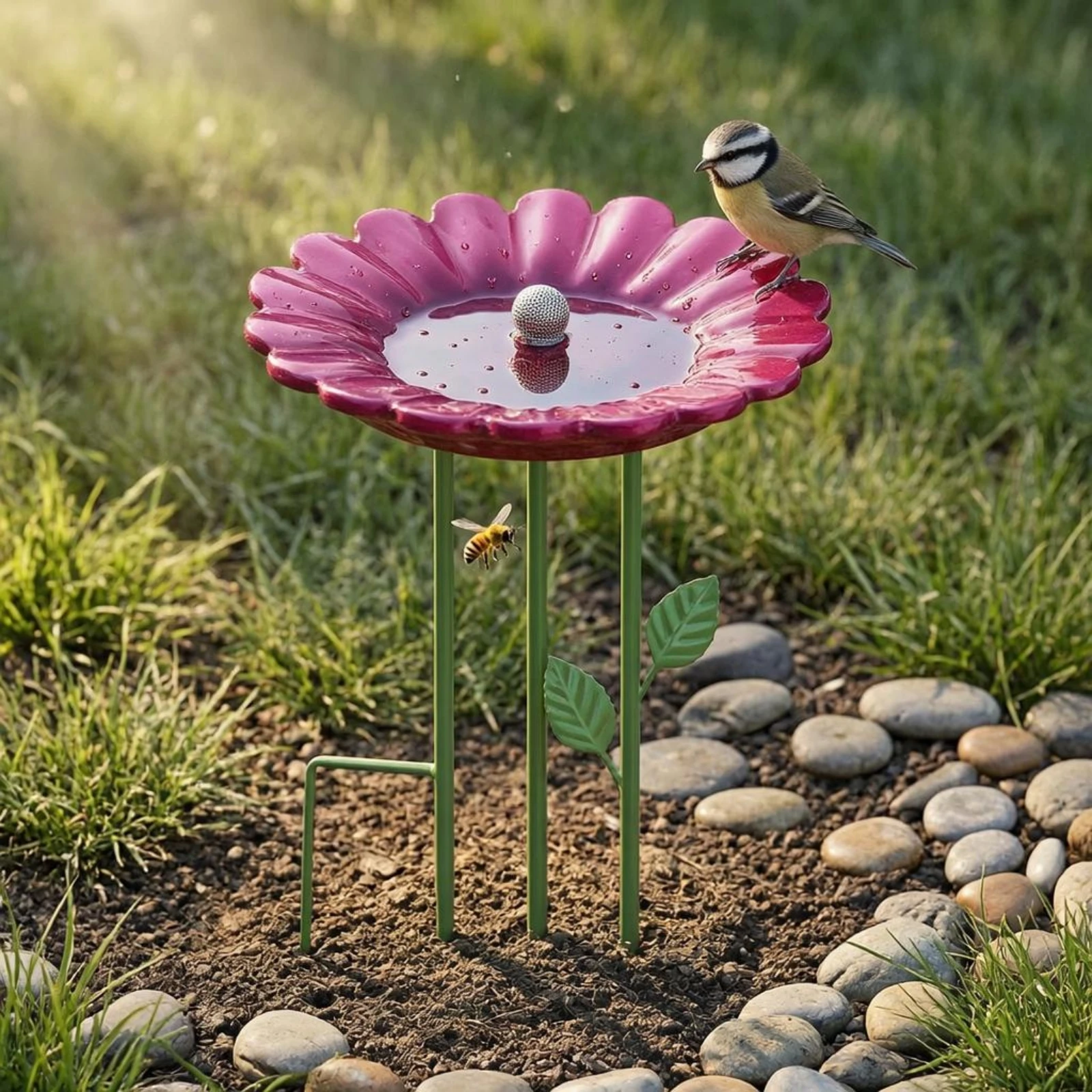 Metal Bird Bath Stake Decorative Bird Bath Stake Pollinator Water Station Multi-Function Bee Water Feeder Outdoor Art