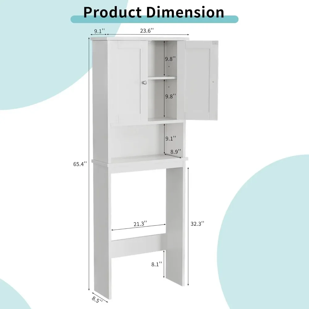 Over The Toilet Storage Cabinet, Bathroom Shelf Organizer with Anti-Tip Device Small Freestanding Space Saver