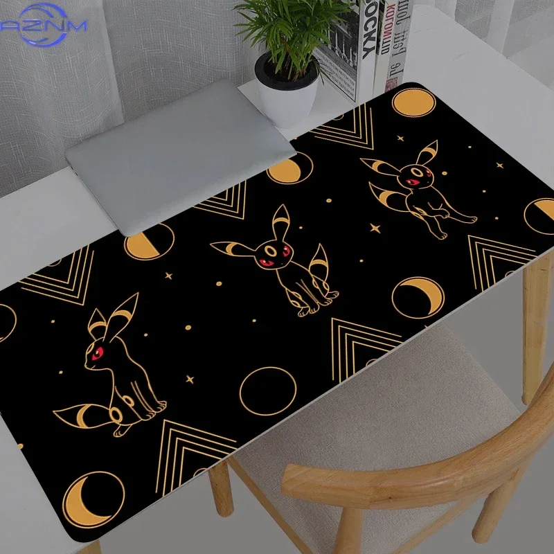 Rubber Mouse Pad Black Background Golden Line Cartoon Creature Moon Star Pattern Anti Slip Gaming Desk Mat for Desktop