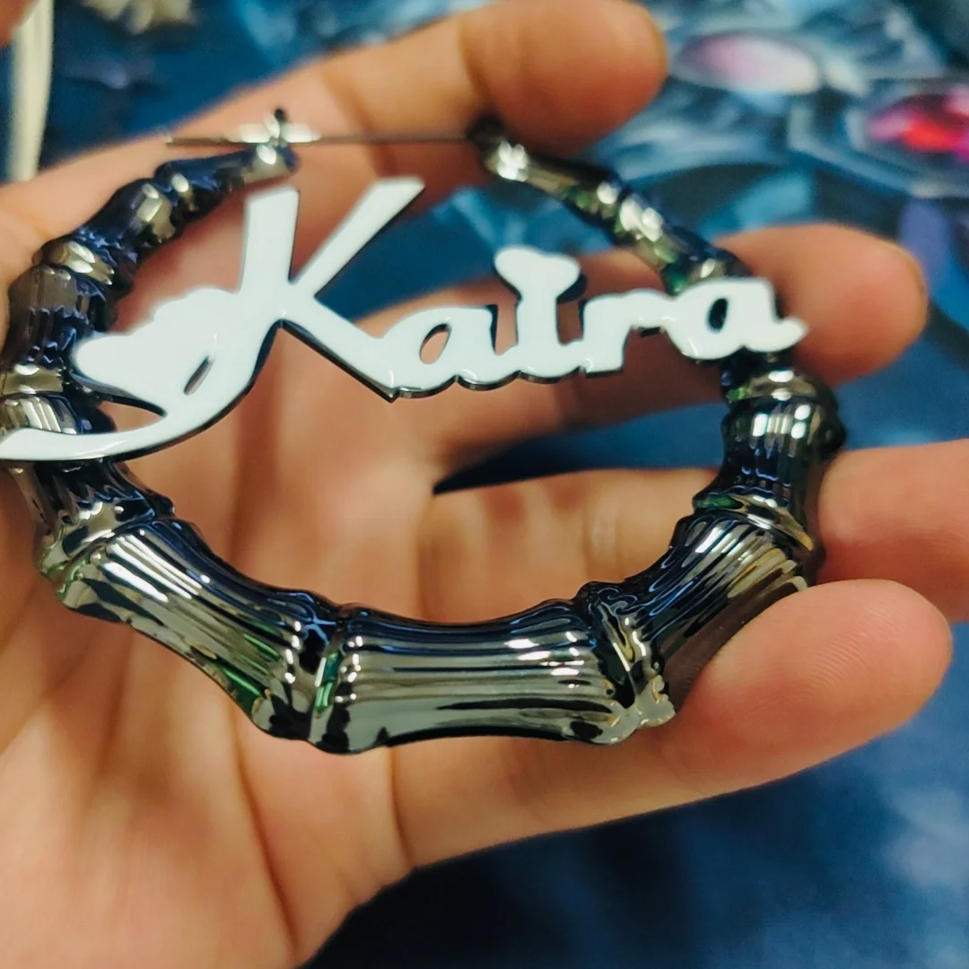 Black Custom Bamboo Name Earrings Customized Dripping Oil Nameplate Hoop Earring Coloful Letter Earrings for Women Birthday Gift