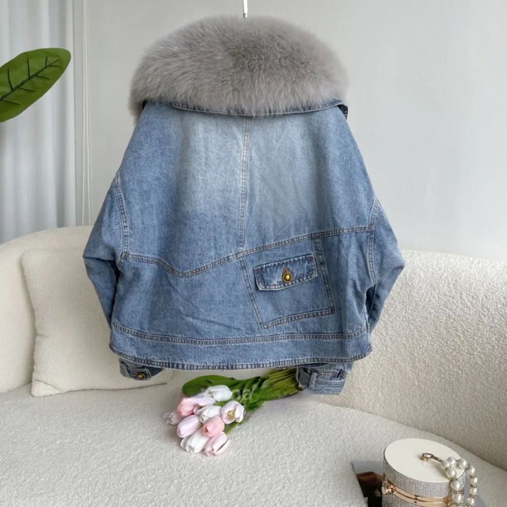 Real Big Fur Coat Denim 2024 Winter New Fox Fur Collar Down Jacket Short Casual White Goose Down Warm Jacket Women Parka Casual