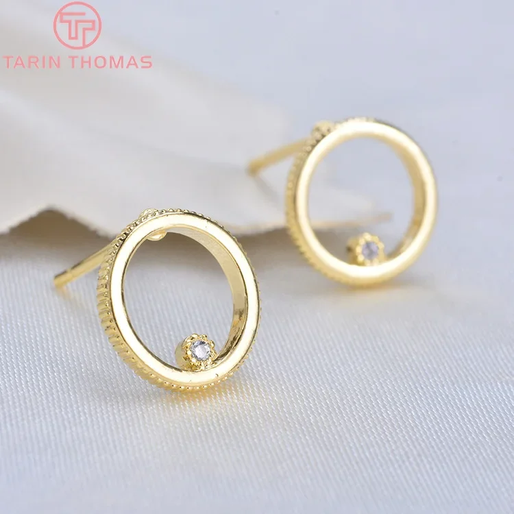 (1956)6PCS 9.5MM 24K Gold Color Brass with Zircon Round Circle Stud Earrings Pins High Quality Diy Jewelry Findings Accessories