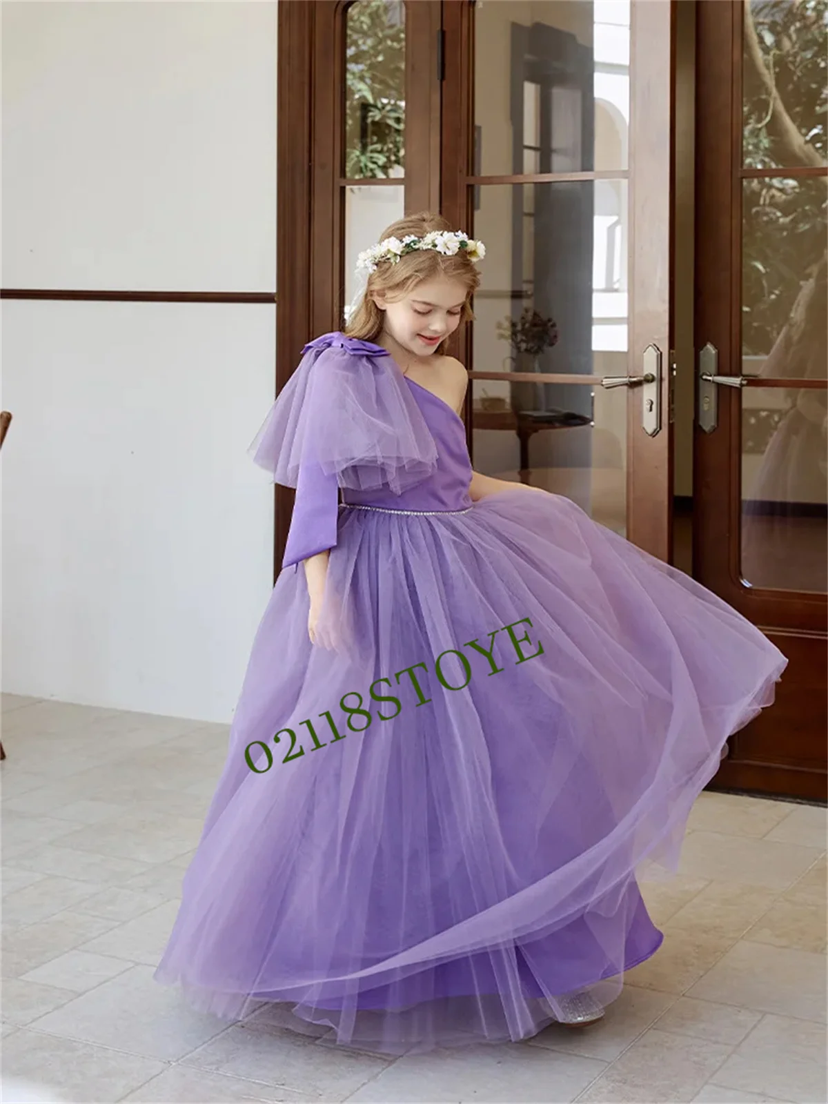 CuPurple Flower Girl Dress For Wedding Tulle Beading One Shoulder With Bow Floor Length Princess Dress Kids Birthday Party Gowns