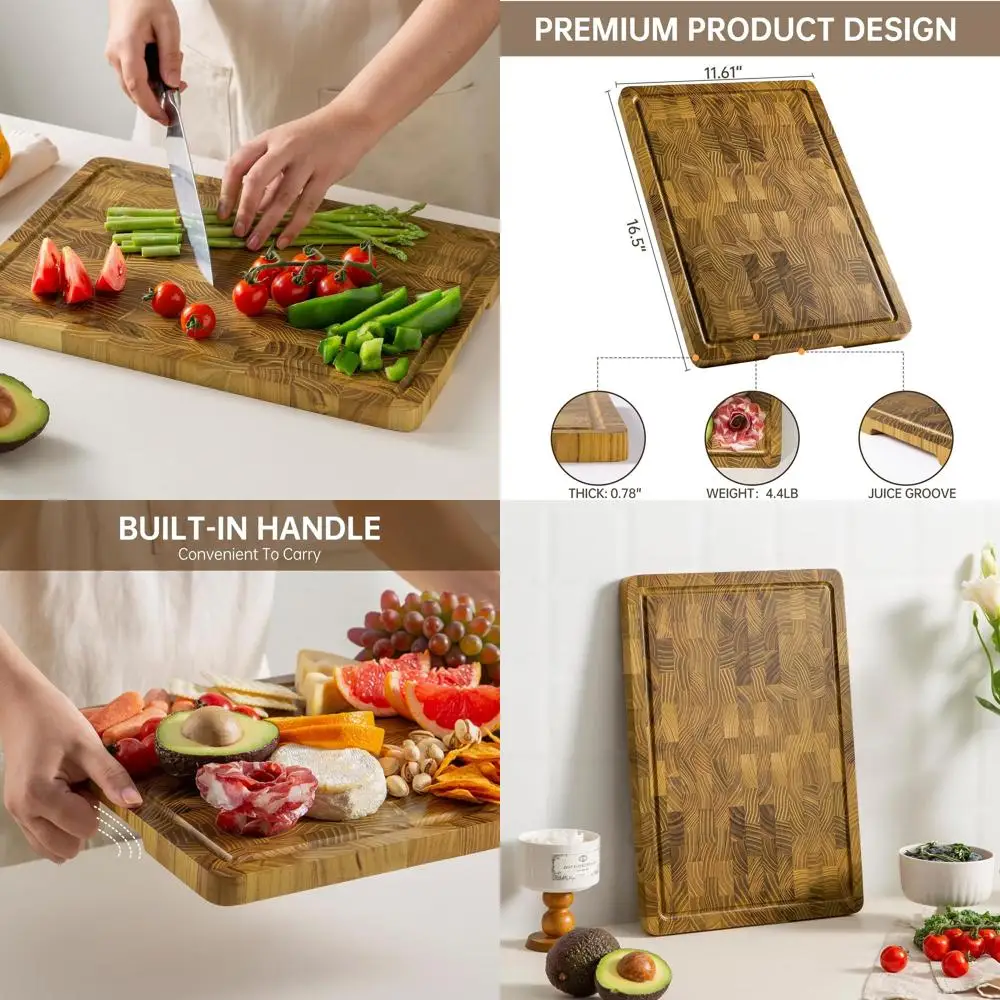 

Двусторонняя разделочная доска из тикового дерева с желобком для сока и противоскользящими ножками, 16.5 x 11.6