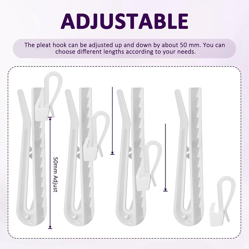 100PCS 9cm Adjustable Pinch Pleat Curtain Hooks, Plastic Drapery Pins for Pleated Drapes, Ideal for Window, Door-A75P