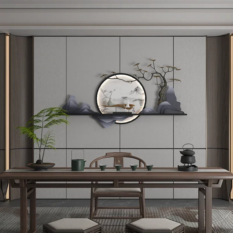 Living room entrance wall decoration welcome pine with lamp  hanging picture background round wrought iron pendant wiring model