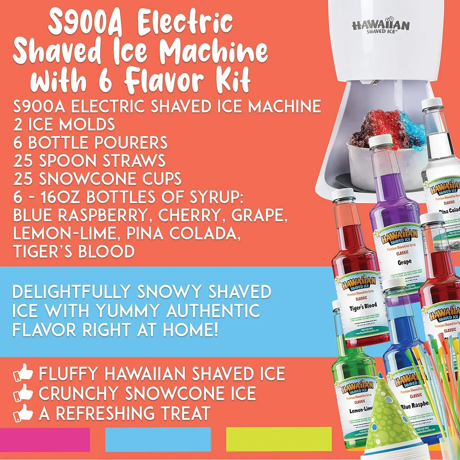 S900A Shaved Ice and Snow Cone Machine with 6 Flavor Syrup Pack and Accessories