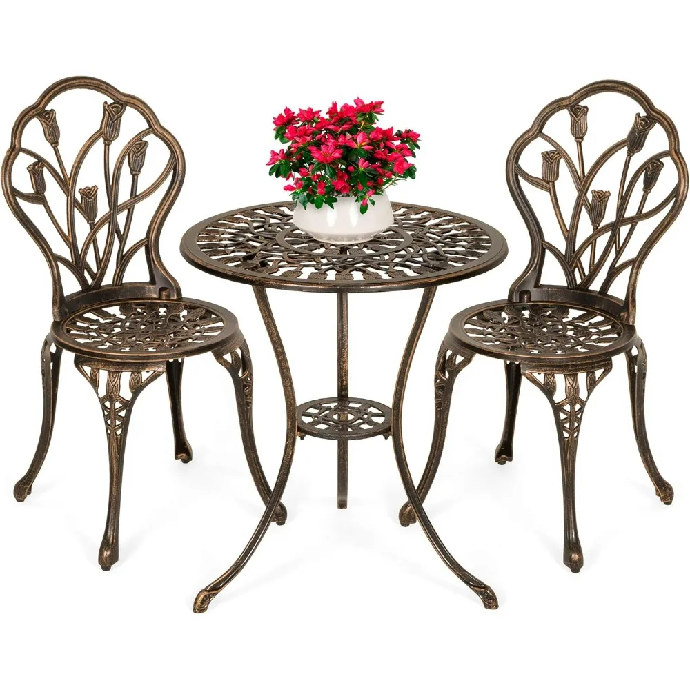 

3-Piece Outdoor Rust-Resistant Cast Aluminum Patio Bistro Set w/Tulip Design, Antique Finish - Copper