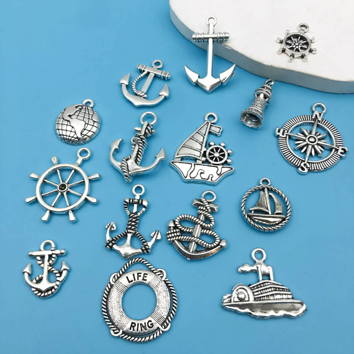 15Pcs Antique Silvery Anchor Rudder Boat Charms Compass Navigation Pendants For DIY Bracelet Supplies Jewelry Making Accessories