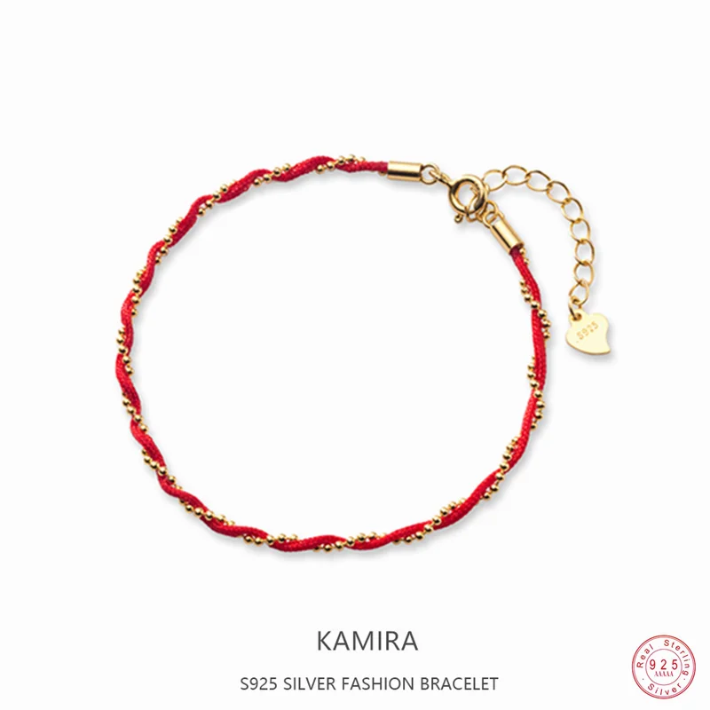 KAMIRA Real 925 Sterling Silver Beads Wrap Red Rope Bracelet & Bangle for Women Wedding Charm Elegant Delicate Jewelry Girl Gift