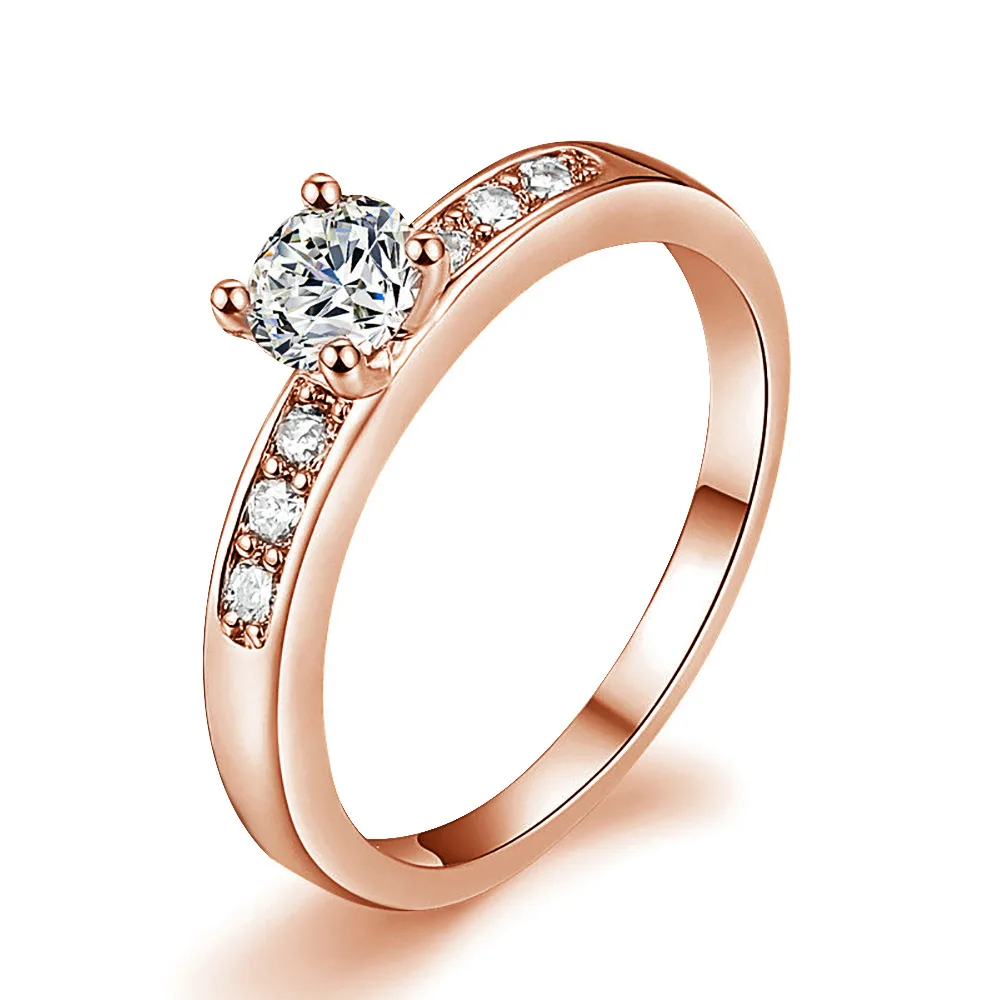 Simple Ring For Women Classic Style 4 Claws Cubic Zirconia Rose Gold Color Wedding Engagement Xmas Gift Fashion Jewelry R592