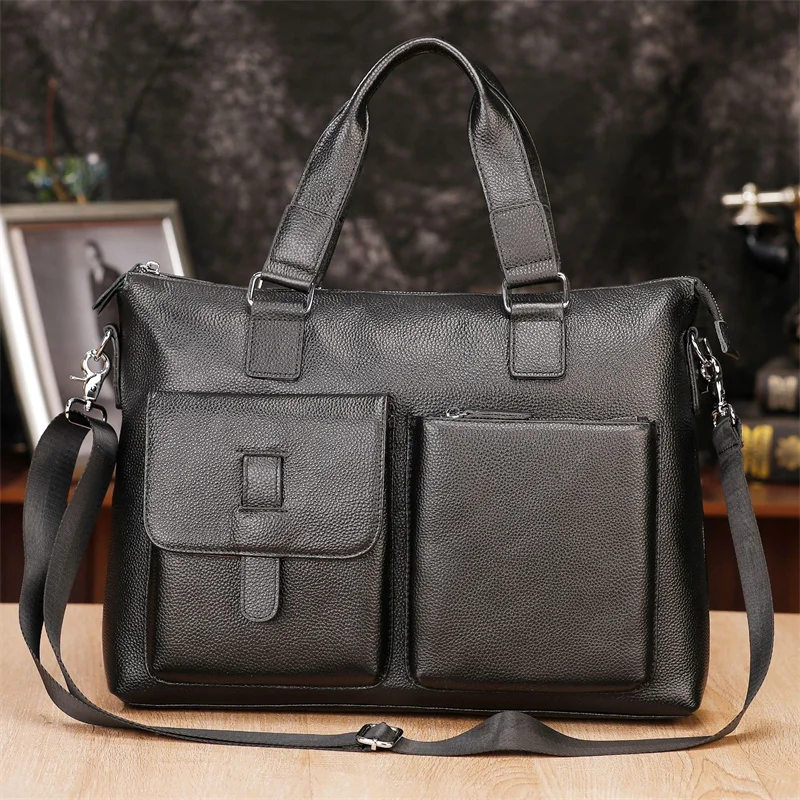 Valigetta per laptop Bussiness in vera pelle Borsa protettiva grande in pelle di mucca per uomo o donna Borsa a tracolla o a tracolla da uomo nera