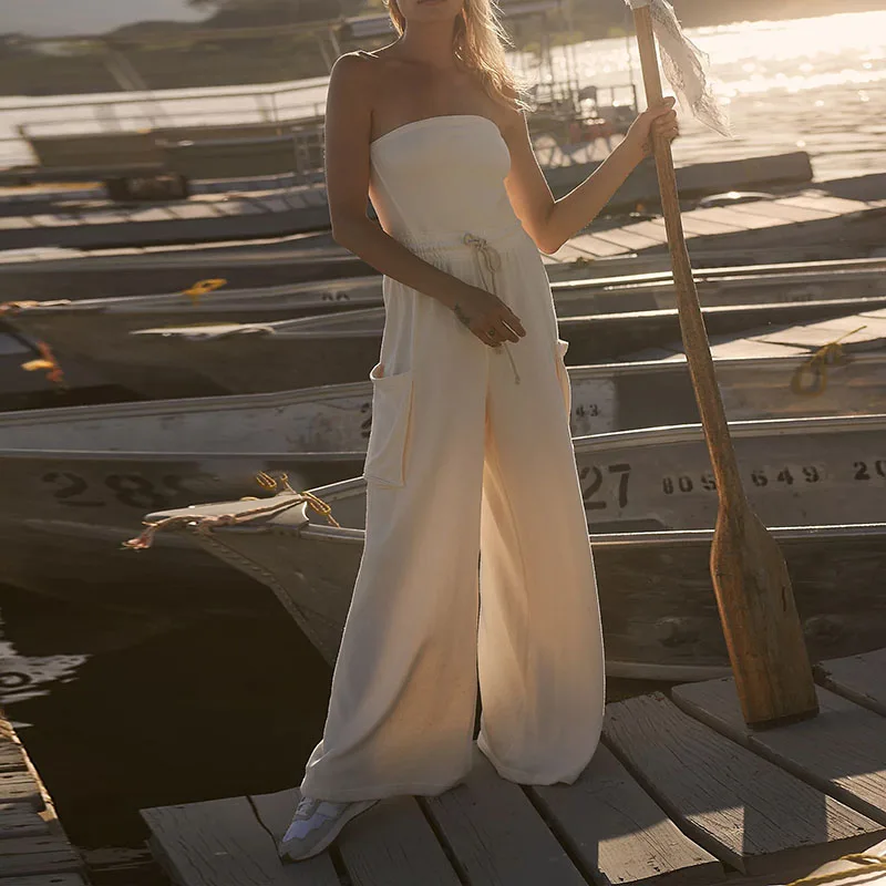 Frauen Rohr Top Breite Bein Kordelzug Strampler Elegante Einfarbig Tasche Overall Stilvolle Neue Backless Ärmellose Pendeln Playsuits