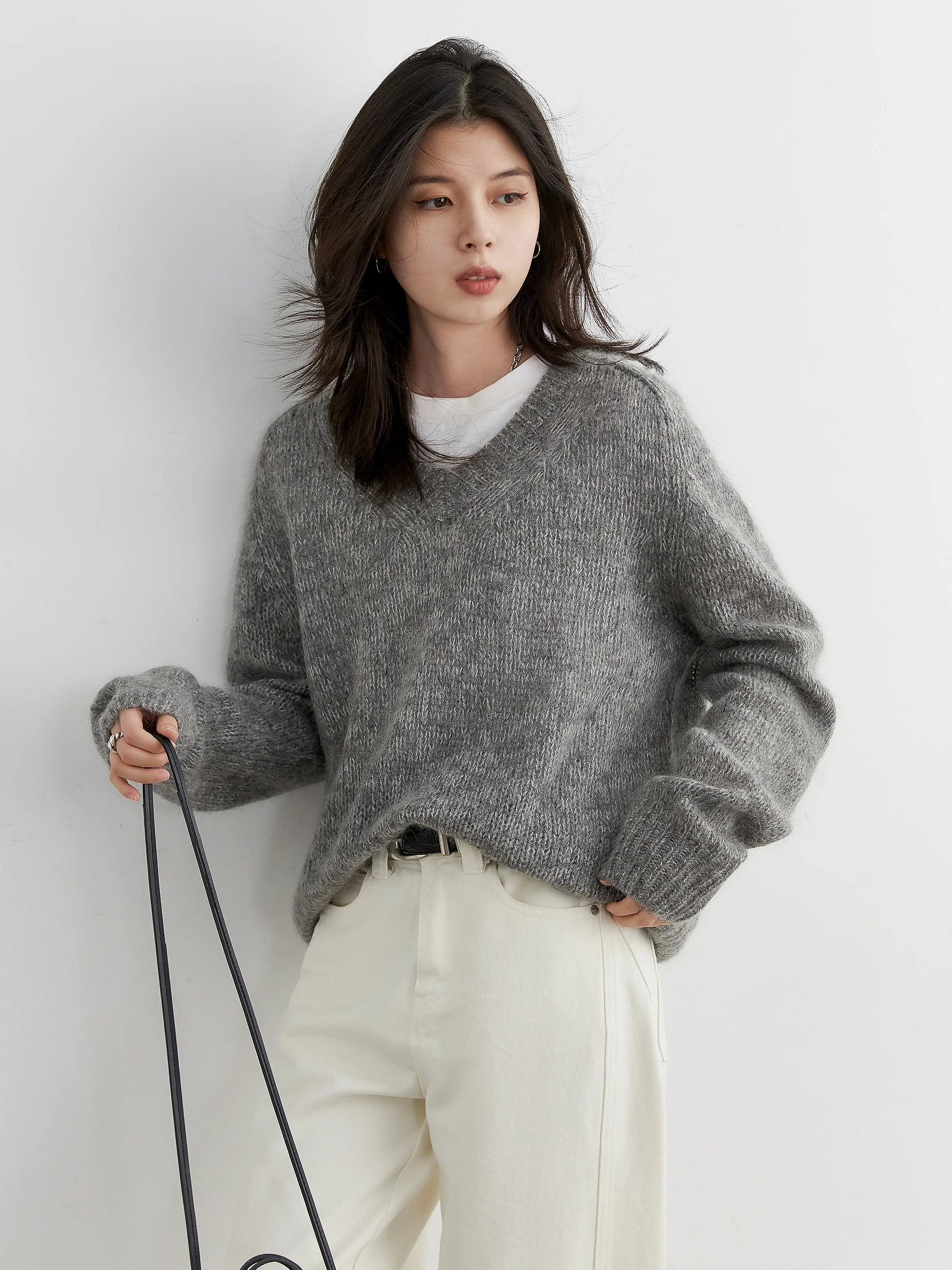 CHIC VEN Korean Women Sweaters Loose Casual Solid New V-neck Mohair Soft Female Knitted Jumpers Pullovers Autumn Winter 2025