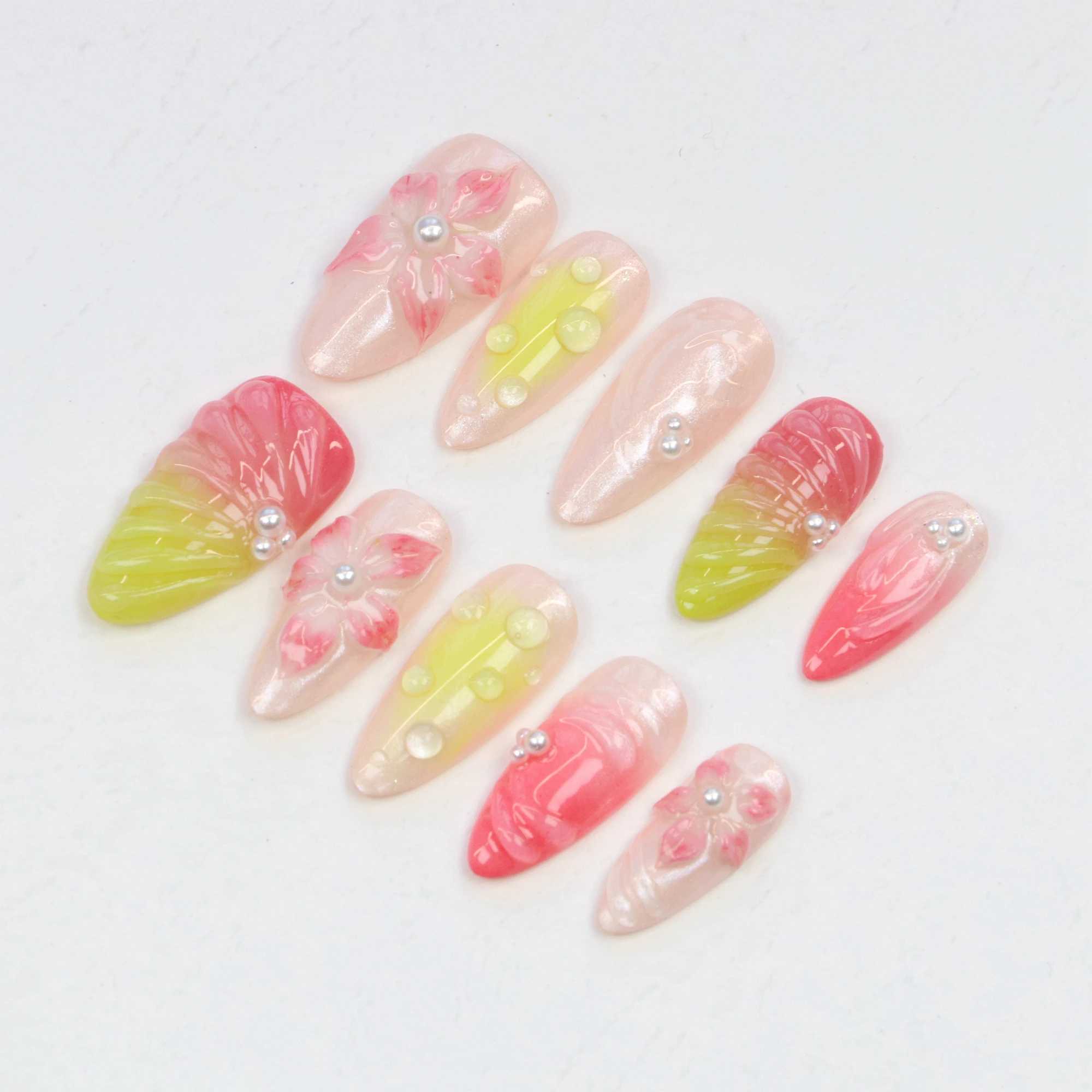 10pcs Custom Design 3D Press Flowers Handpainted nails,Dreamy FreeStyle Y2K Gel Fake Nails for Birthday Vacation Holiday Cute