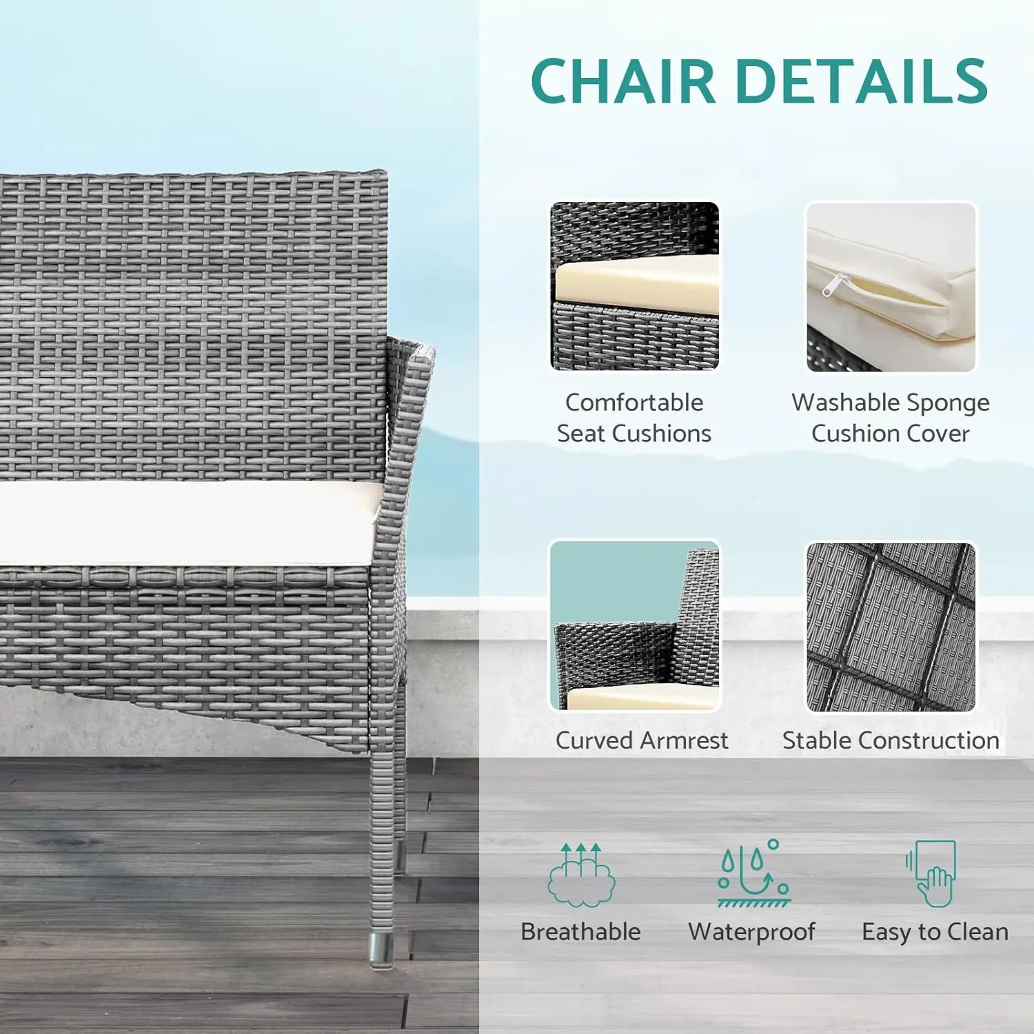 Sofá seccional para conversación de muebles de Patio, mesa y sillas de mimbre para exteriores con cojín grueso para jardín, Patio o porche