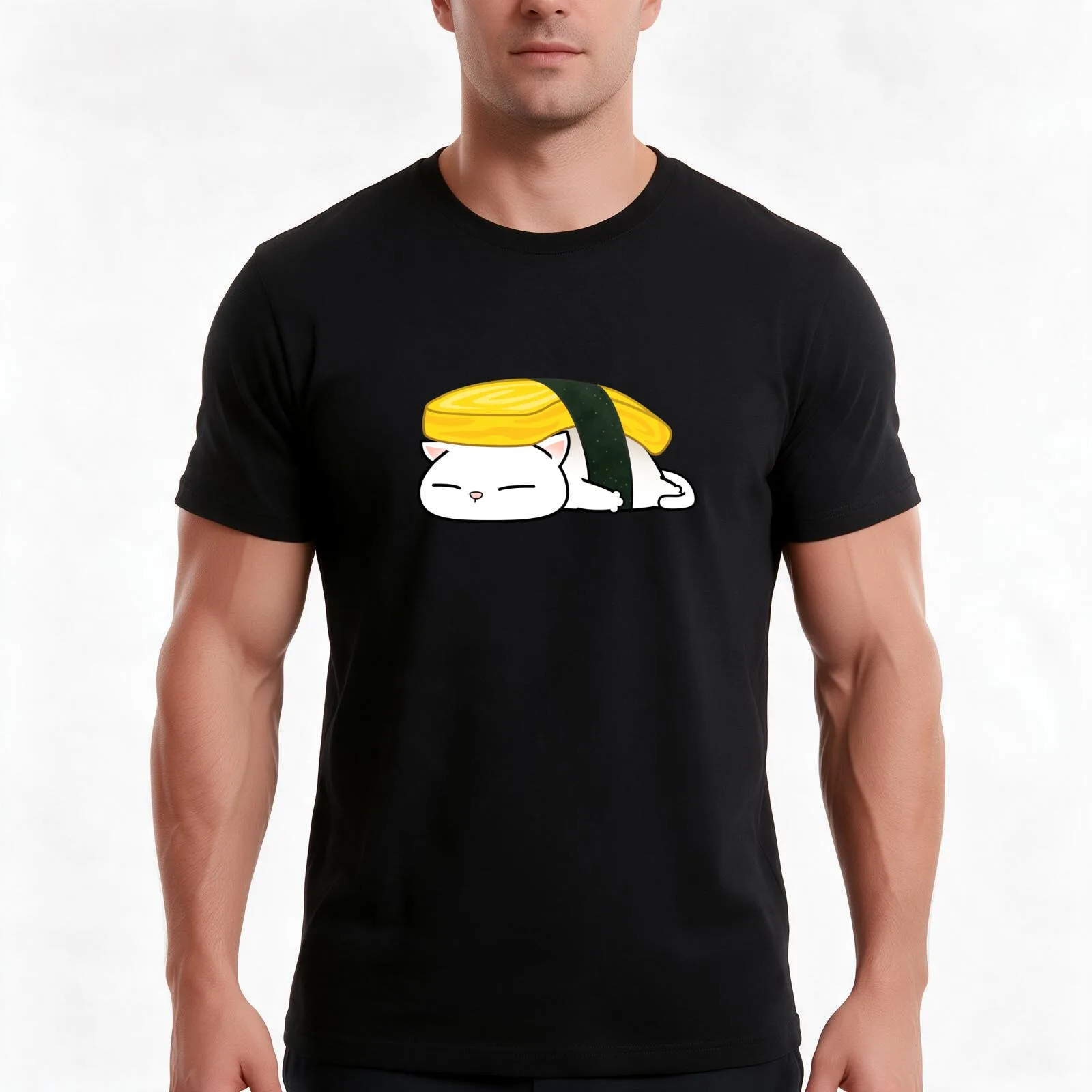 Chubby Cat Tamago Sushi Cat T-Shirt Summer Casual Cotton Tee Oversized Streetwear Tops Vintage Graphic Print 100% Cotton