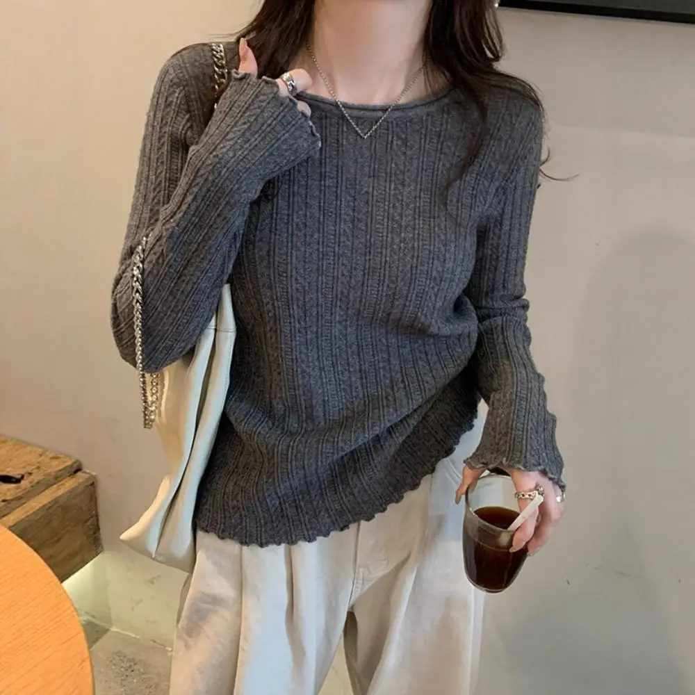

Ruffled Edge Long Sleeved Knitwear Slim Fit Bottoming Shirt Sweater Top Spring Autumn Winter Pullover Knitted Top for Women Fall
