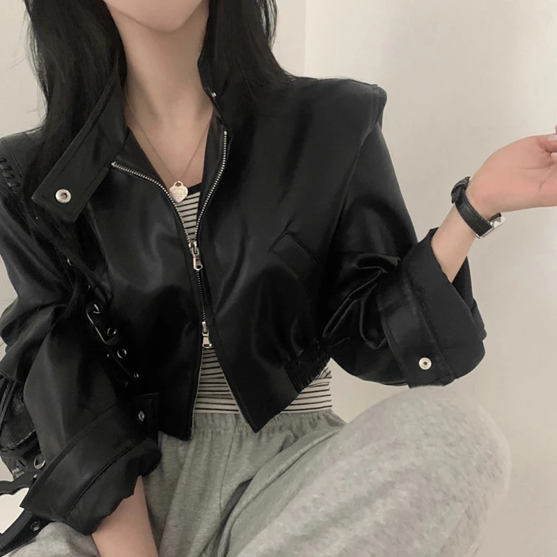 Chic Autumn New Small Design Sense Stand Collar PU Leather Jaet Loose ort Sve Long Motorcycle Clothes Outerwear Women