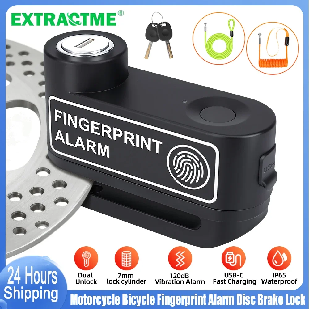 

Extractme Motorcycle Fingerprint Disc Brake Lock 120dB Anti-Theft Alarm Bicycle Scooter﻿ Wheel Disk Padlock Security Lock