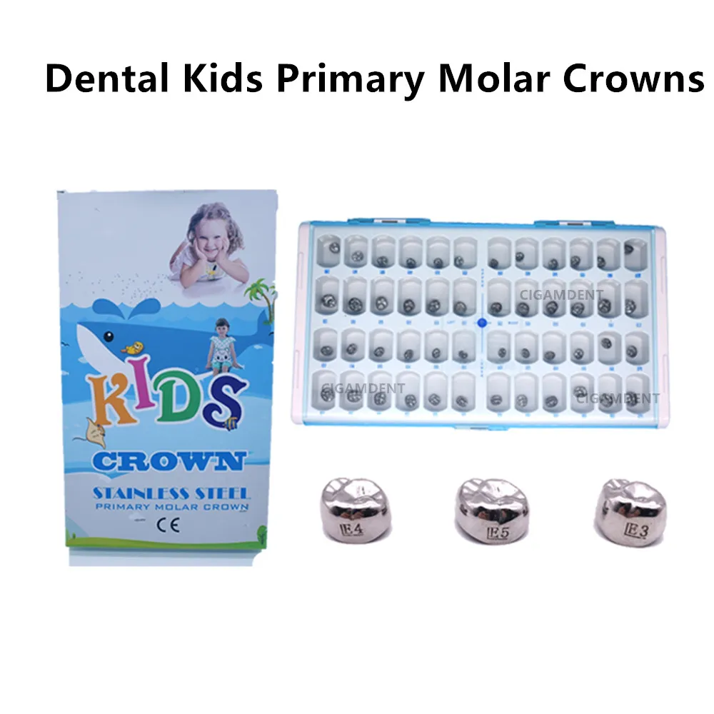 1Kit Dental Instruments Kids Primary Molar Crown Stainless Steel Preformed Temporary Crowns Pediatric Dental Material 48 Sizes