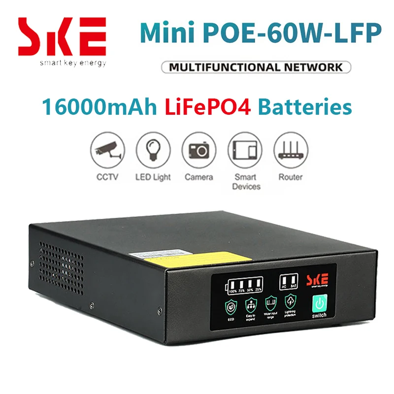 SKE Mini DC UPS 60W POE UPS 16000mAh LiFePO4 Battery Backup Portable Uninterrupted Power Adapter Output DC POE For Wifi Router