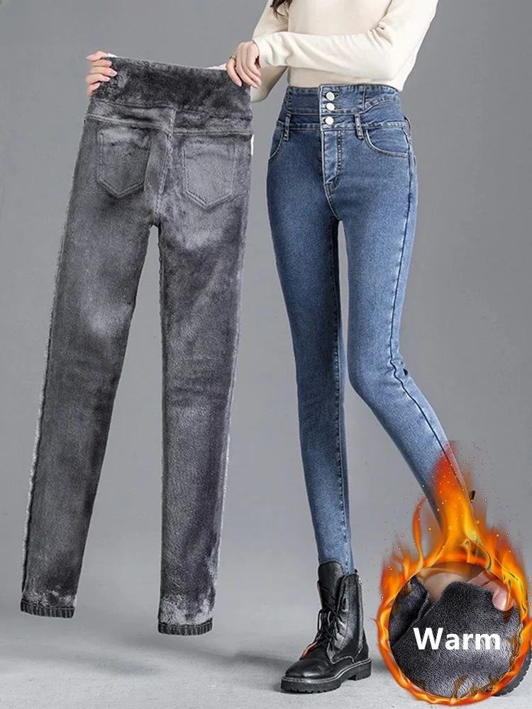 

Женские зимние джинсы с бархатной подкладкой, облегающие, повседневные, в уличном стиле, с высокой талией, прямые брюки