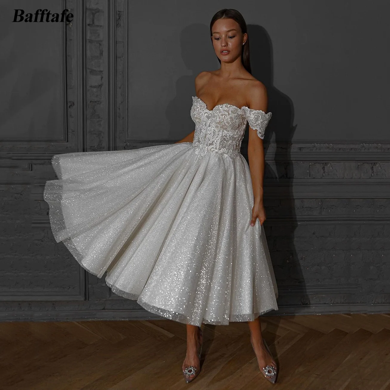 

Bafftafe Shiny Tulle A Line Short Prom Dresses Off The Shoulder Appliques Lace Top Formal Party Dress Women Wedding Photography