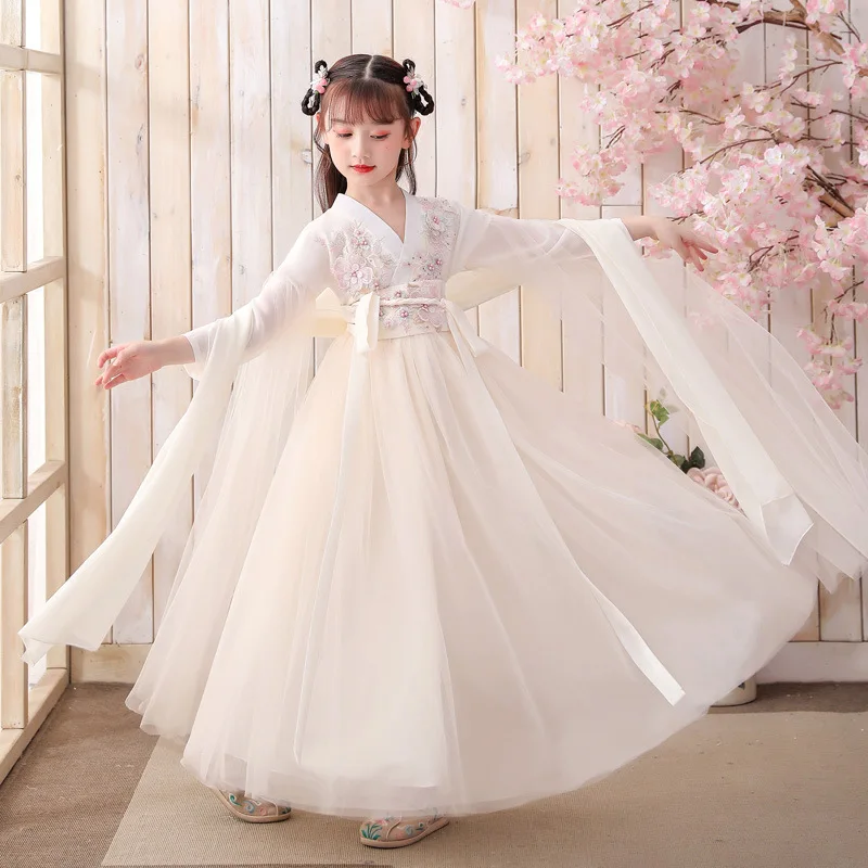 Children's Summer New Super Fairy Hanfu Chinese Style kirt Long-sleeved Gauze Skirt Ancient Costume Little Flower Girl Dress