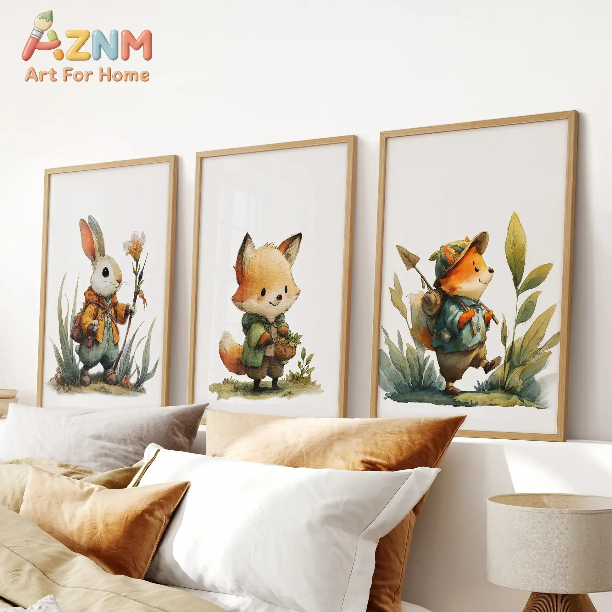 AZNM Adventure Forest Animal Canvas Wall Art Rabbit Fox Cartoon Watercolor Frameless Canvas Painting Nursery Kids Room Home Deco