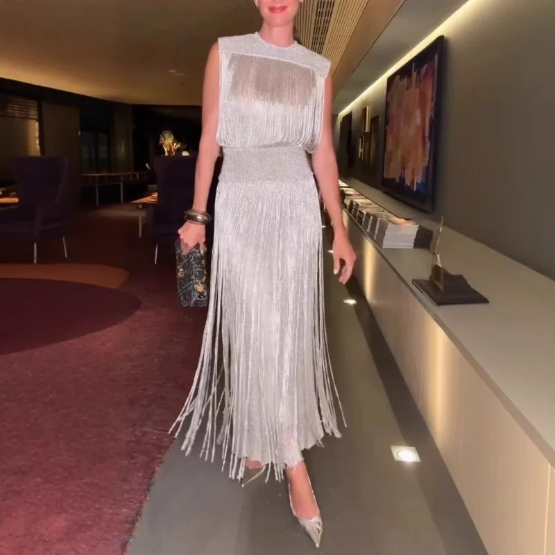 European and American Cross-border New Amazon Independent Station Elegant Fringed Dress Party Sleeveless Dress Two-piece Set