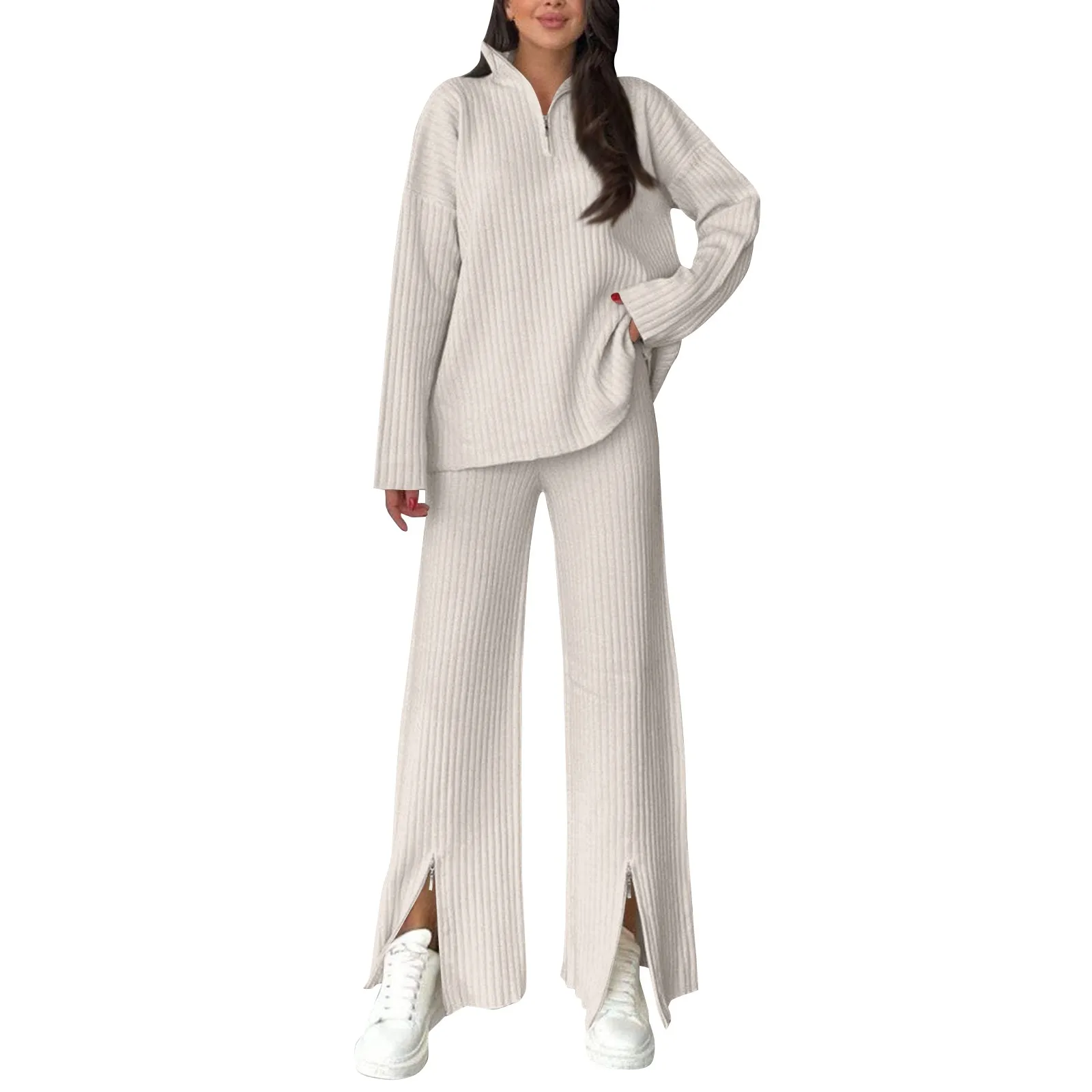 Fashion Temperament Regular Fit Contrast Color Casual Suit With Half High Neck Zipper Sweater And Straight Long Pants