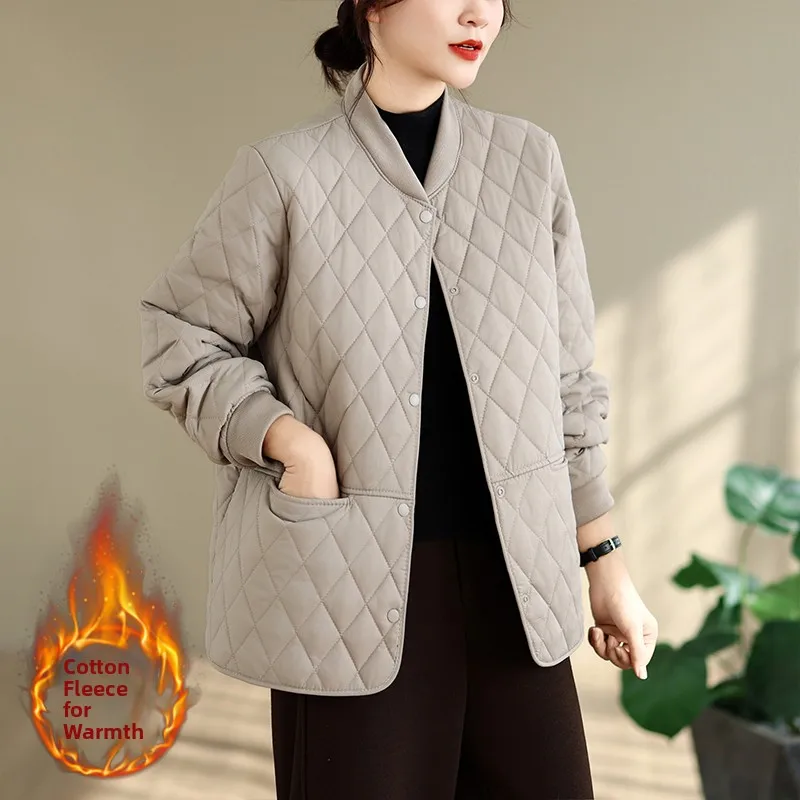 Slim Fit Diamond Pattern Light Weight Cotton Jacket Pure Color Casual Style Women's Autumn Winter Fashion Retro Lady Coat