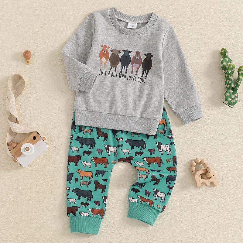 2024-08-15 Lioraitiin Toddler Boy Fall Farm Outfits Long Sleeve Round Neck Sweatshirt with Animal Print Pants 2Pcs Set