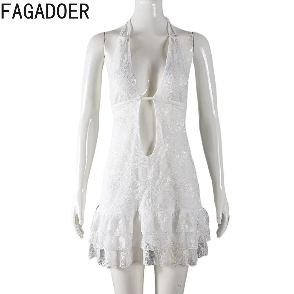 FAGADOER White Sexy Lace Hollow Out Ruffle Halter Mini Dresses 2024 Women Sleeveless Backless Bodycon Vestidos Fashion Clothing