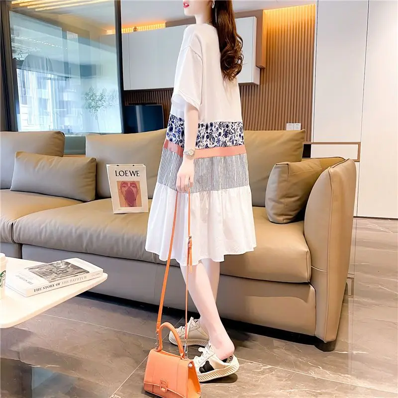 韓国の女性のカジュアルなプリントTシャツドレス,だぶだぶの夏服,半袖