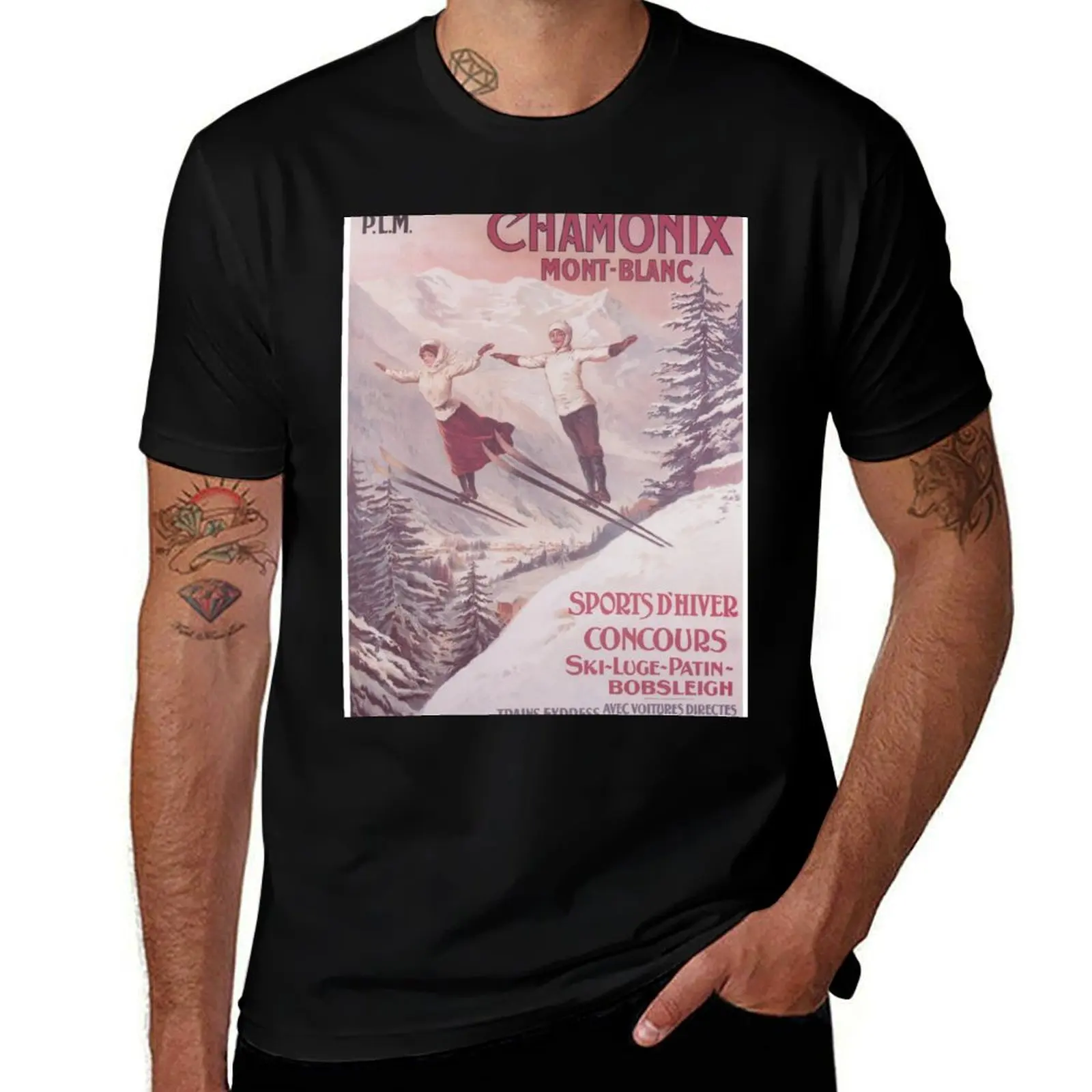 Chamonix, Mont Blanc, France, Vintage Ski Poster T-Shirt Urban Casual Loose Fit Tee