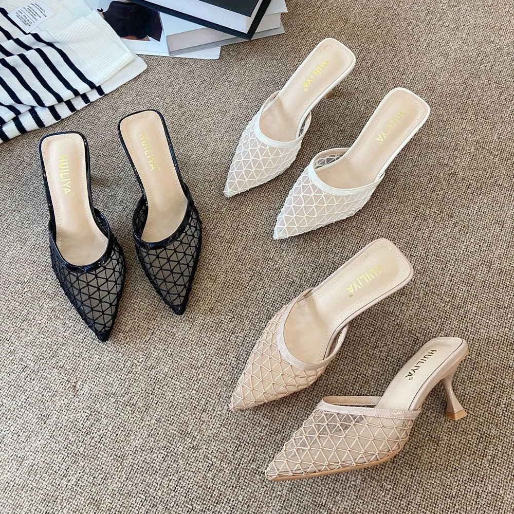 Women Kitten Heel Mules Pointed Toe Heeled Sandals Slip On Low Heels Slipper Mesh Stiletto Slingback Heels Dress Shoes Pumps