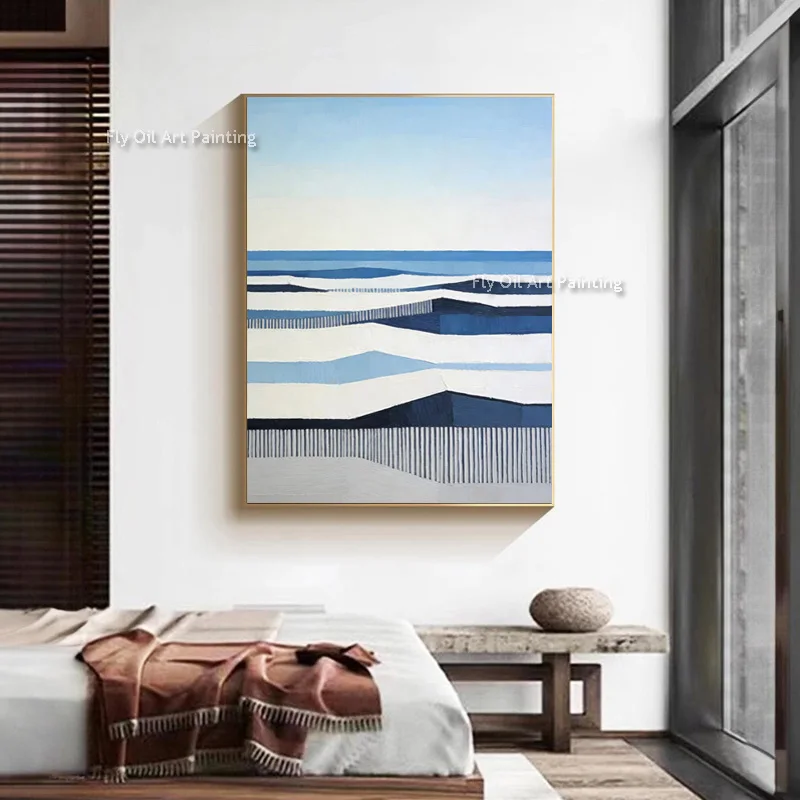 Modern Blue White Seaside View Oil Painting New Fashion Design Simple Ocean Scape Artwork On Canvas For Home Wall Decor As Gift