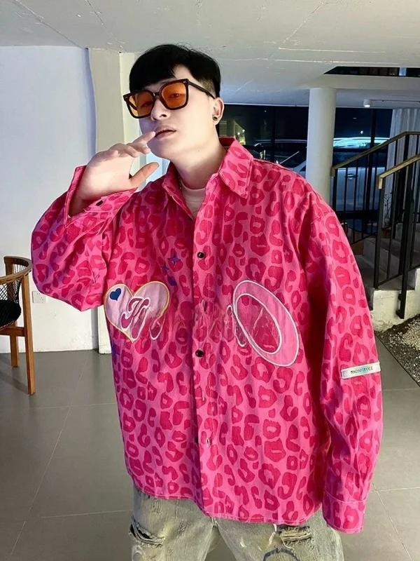 

Мужская модная рубашка больших размеров с леопардовым принтом в американском уличном стиле, с длинным рукавом, весна-осень, Dopane Matching Embr...