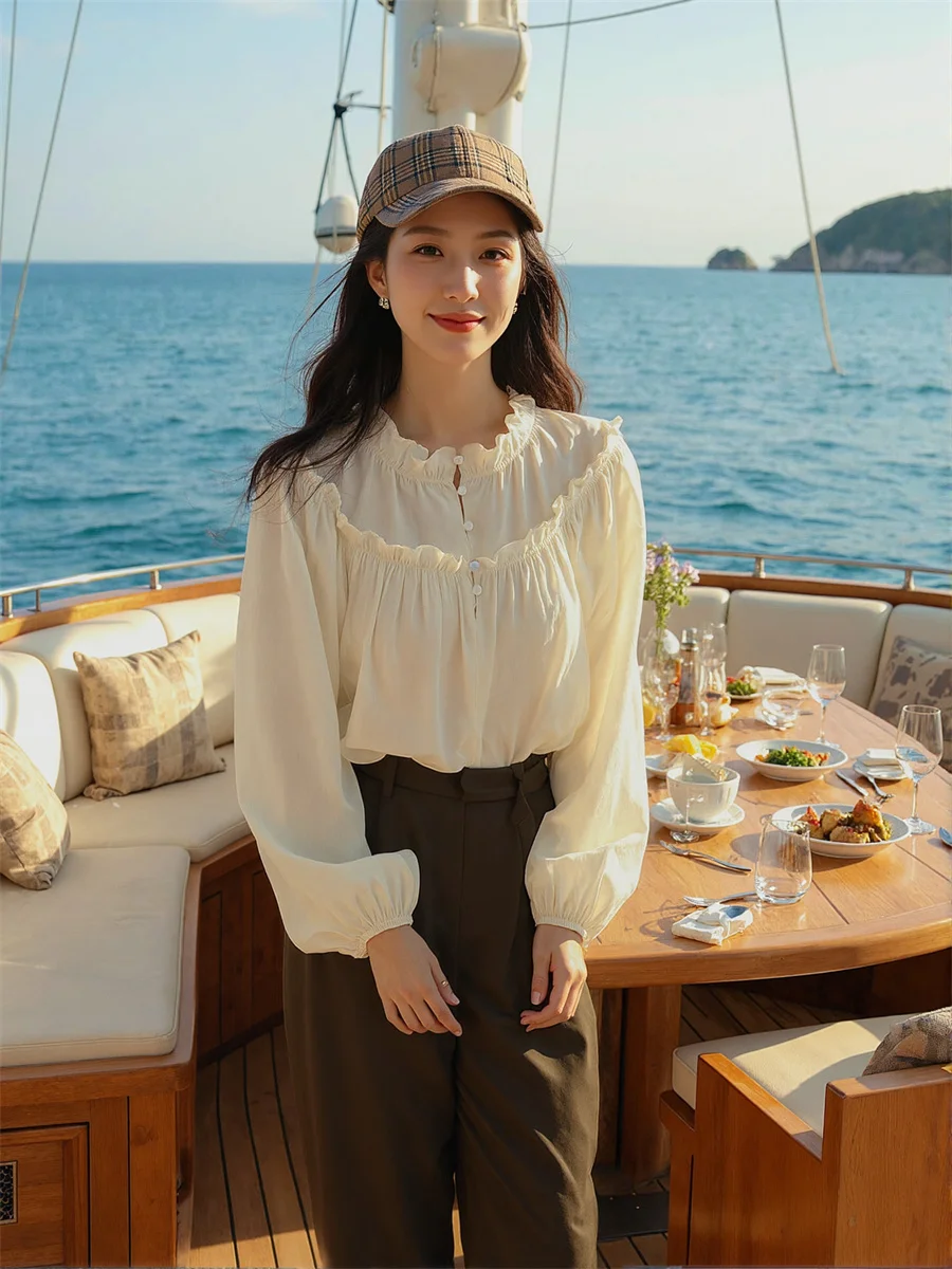 قمصان نسائية كم طويل فانوس المشمش Y2K أزياء الشارع الجمالية نمط بسيط أساسي الحد الأدنى زر الجبهة البلوزات القطنية